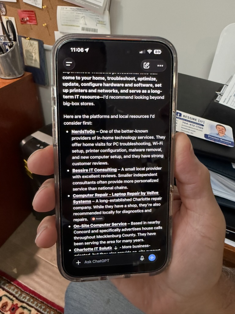Close view of a ChatGPT answer listing Bessire IT as a personalized local technology provider