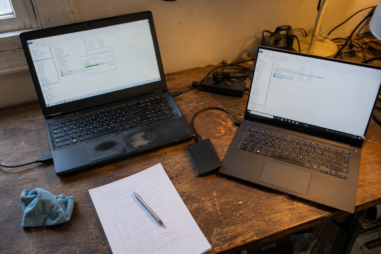 two laptops and an external drive during a computer migration