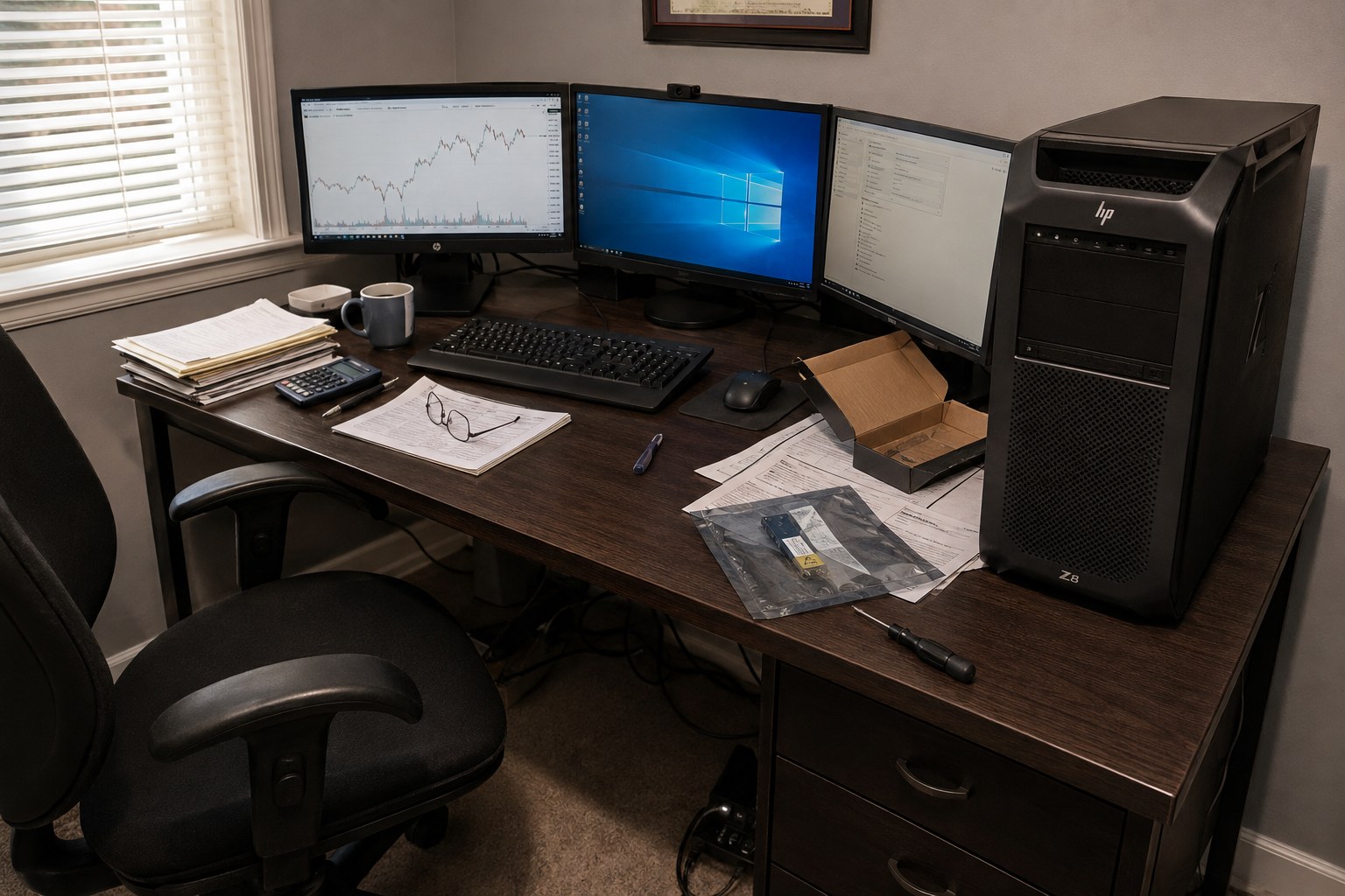 a professional workstation and three monitors after a storage and software rebuild