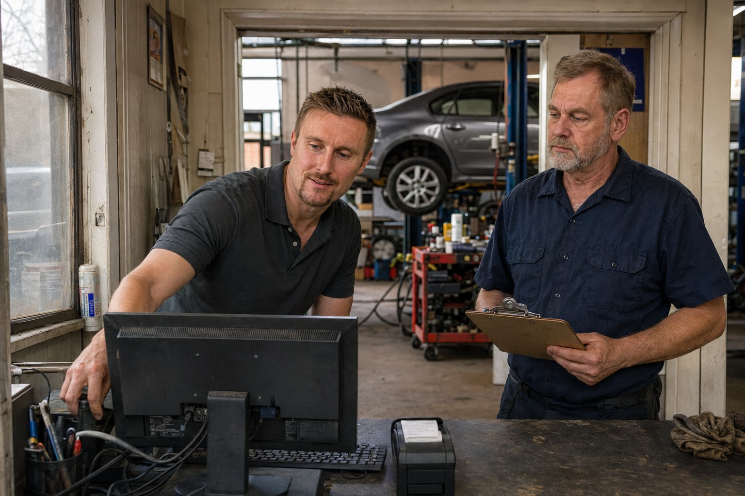 checking a shop computer while the owner continues handling repair orders
