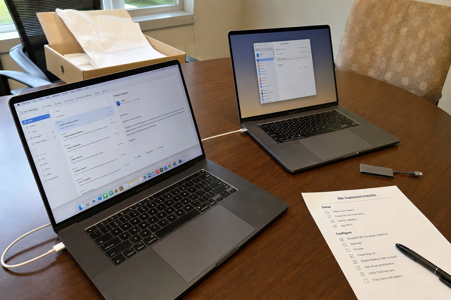 two MacBook Pro computers being prepared for business email and applications