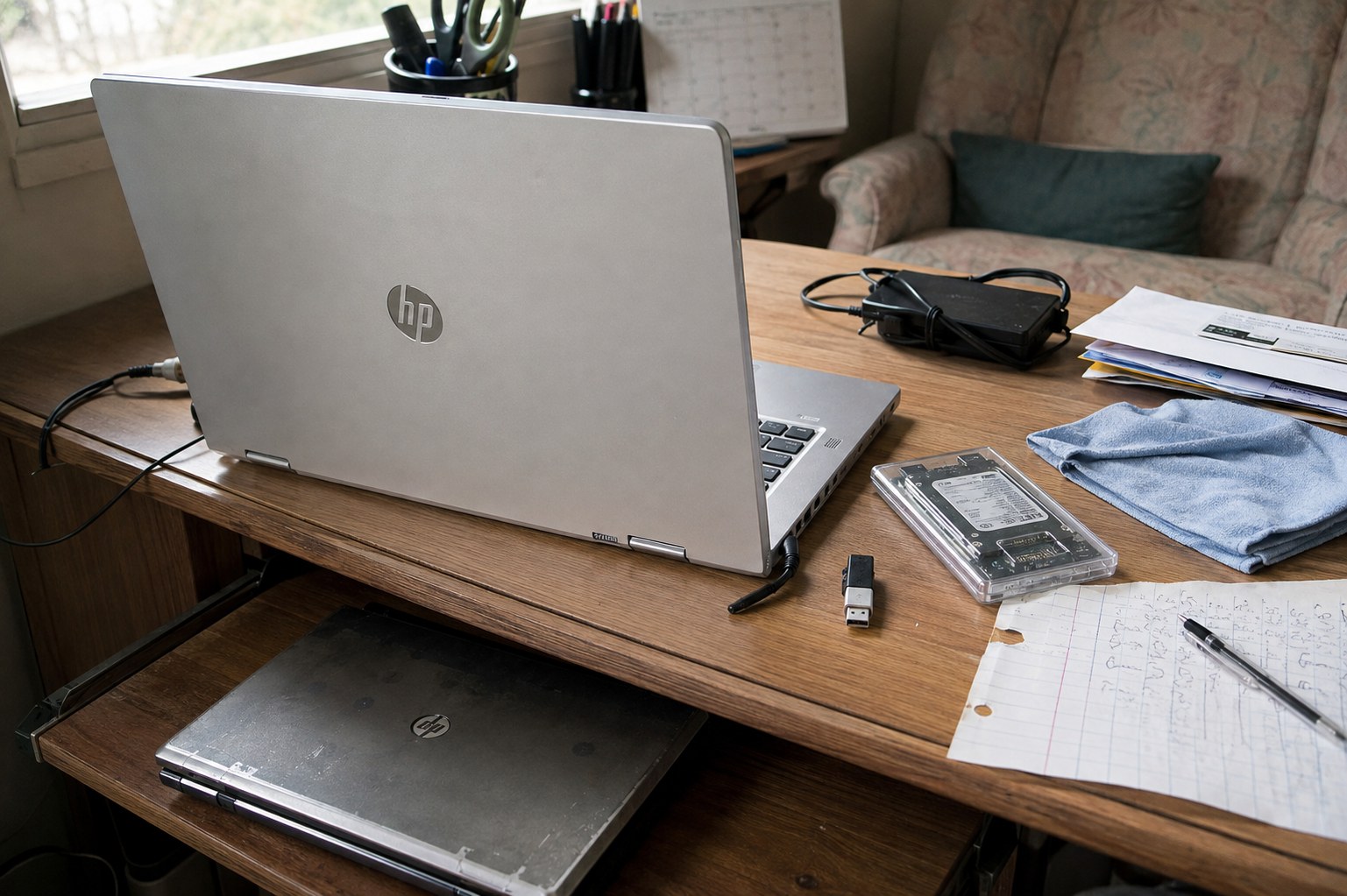 a replacement business laptop and an older drive preserved for the transfer