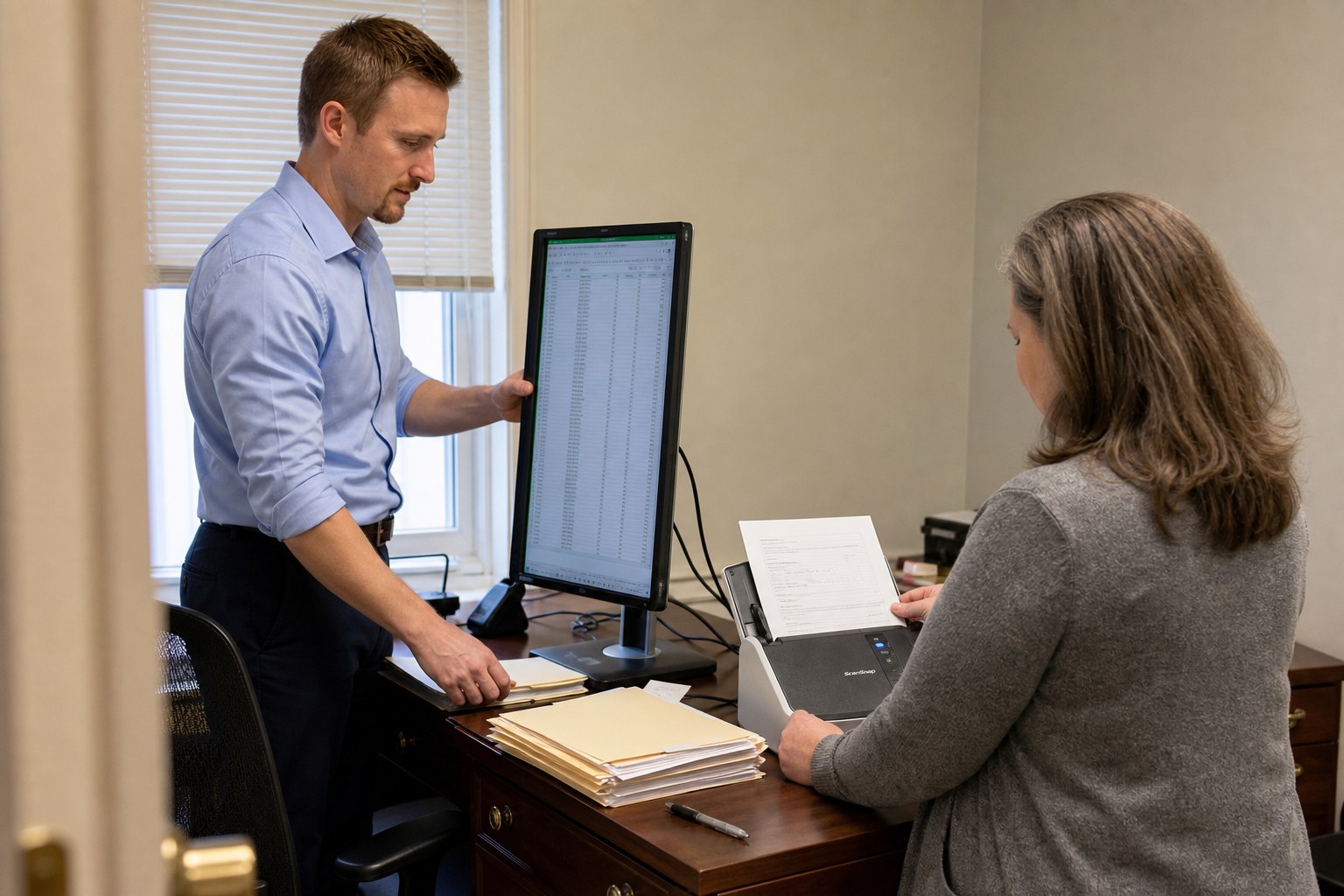 adjusting a vertical monitor while testing a document scanner