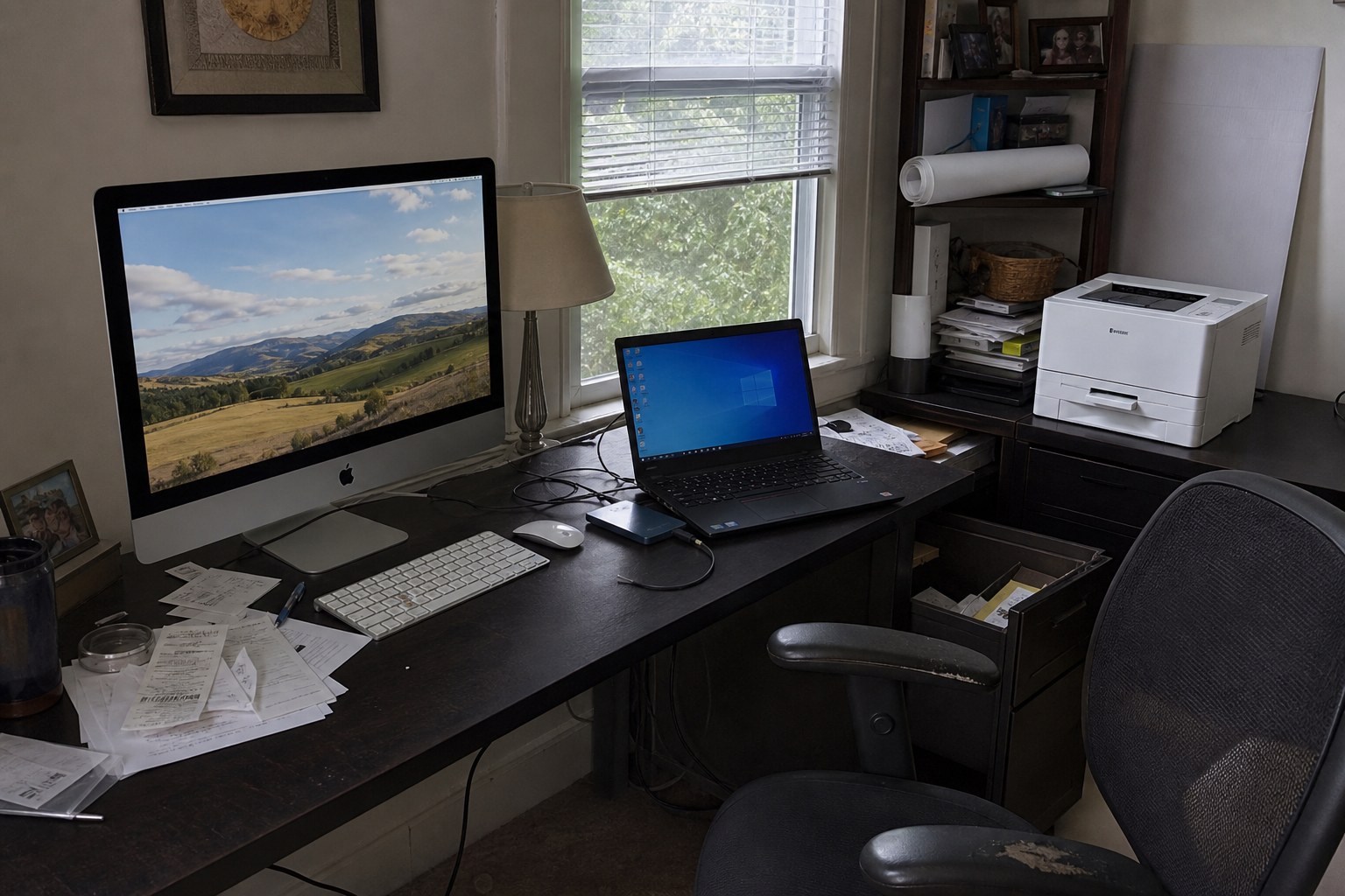 an iMac, ThinkPad, and color laser printer in a shared home office