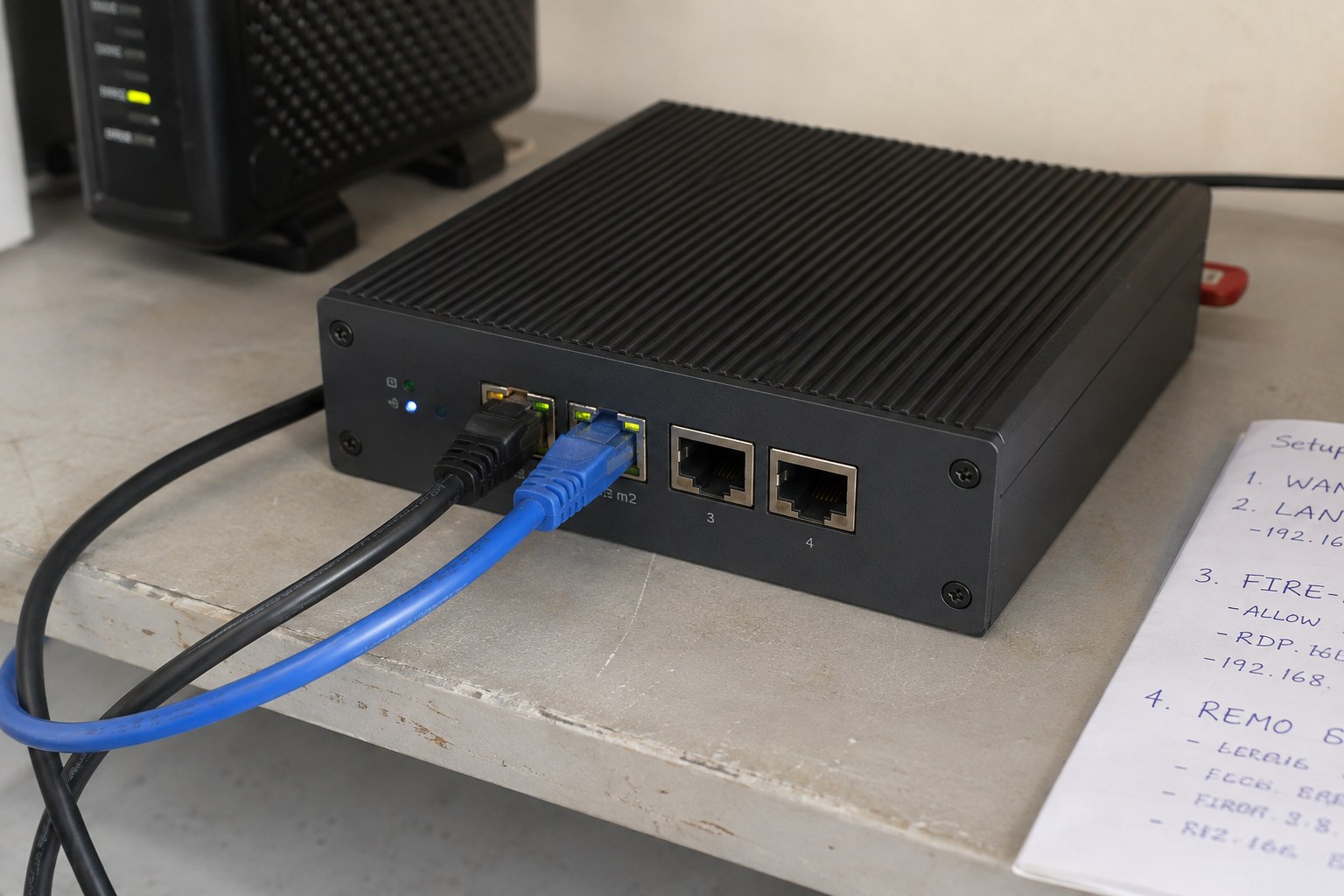 a compact firewall with Ethernet connections during an office security setup