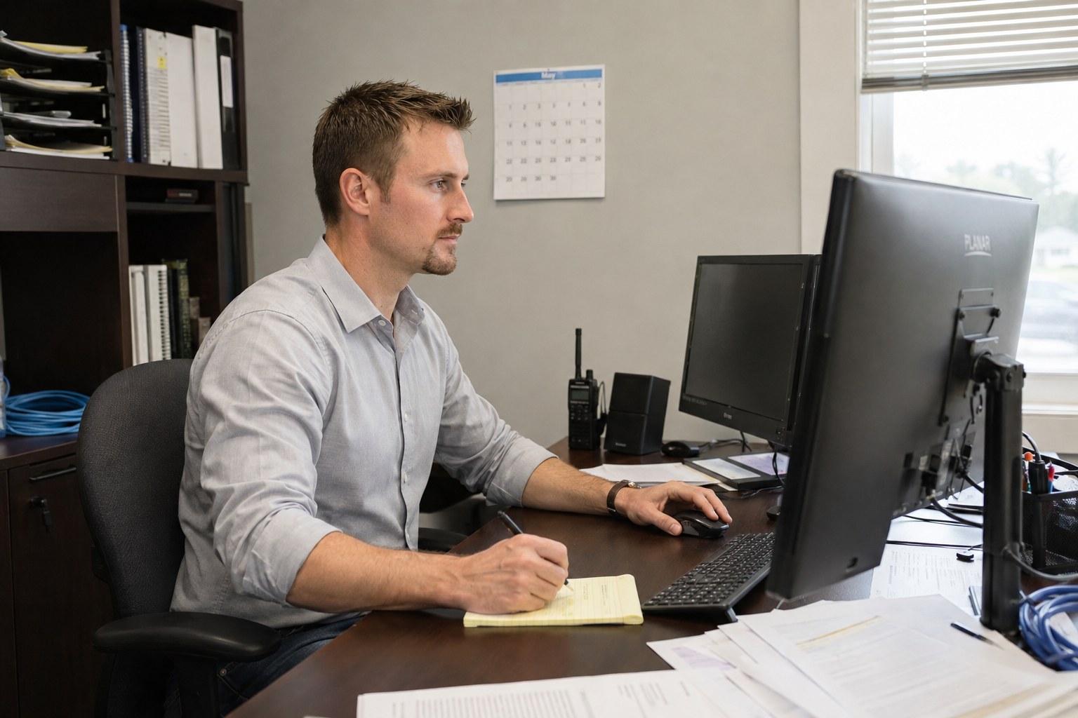 reviewing business account access and priorities at an office workstation