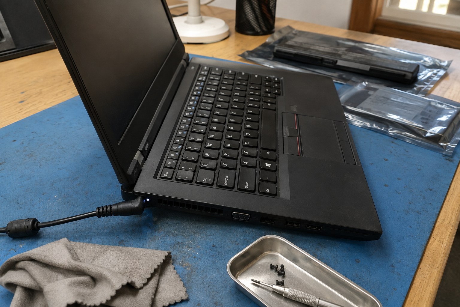 testing a repaired laptop charging connection with replaced batteries set aside