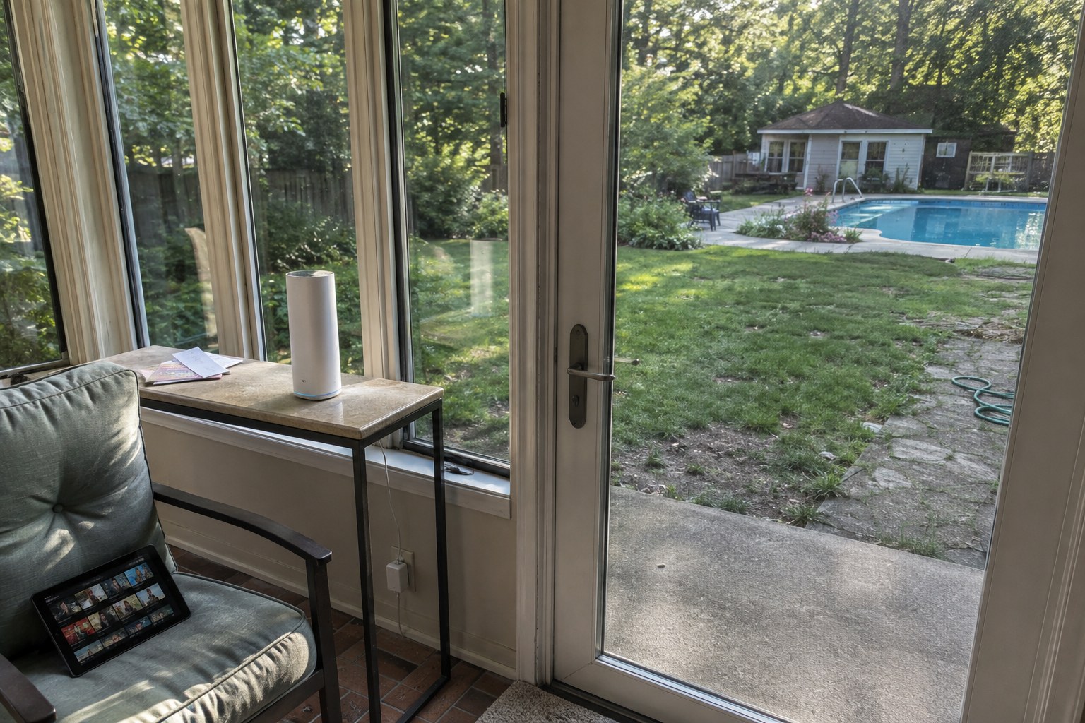 an indoor mesh satellite positioned near the backyard and distant-use areas