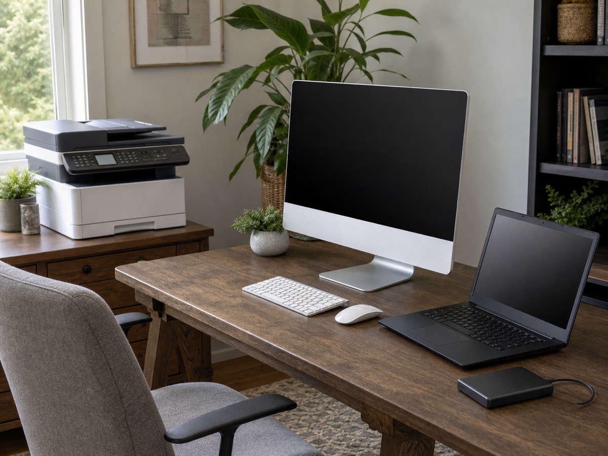 All-in-one desktop, color laser printer, laptop, and external drive arranged for a coordinated home-office upgrade