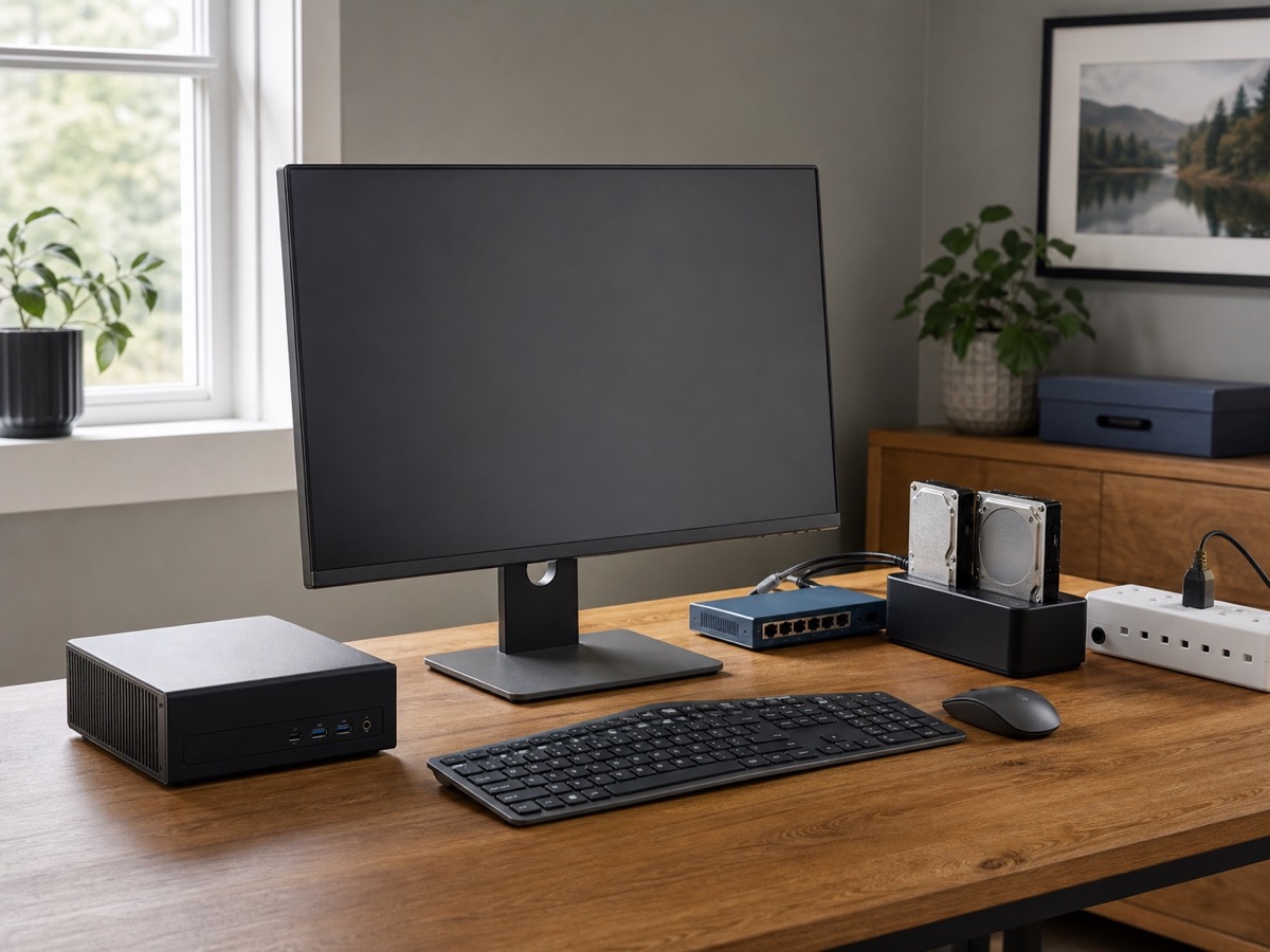 Compact desktop, monitor, drive dock, network switch, and power protection prepared for a complete workstation migration
