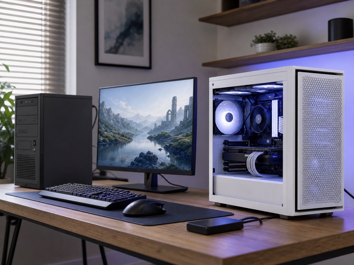New white gaming desktop beside an older computer and an external migration drive