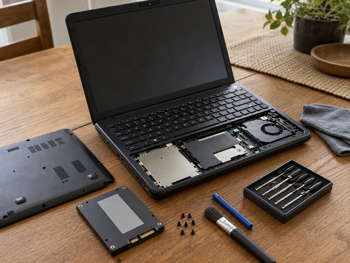 Open laptop, replacement SSD, and repair tools arranged on a work table