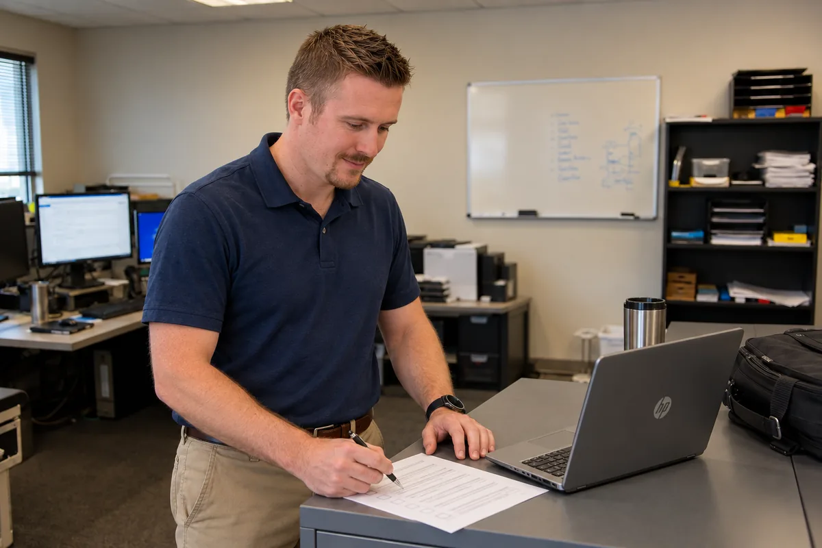 Illustration of Preston reviewing a business computer setup and equipment checklist.