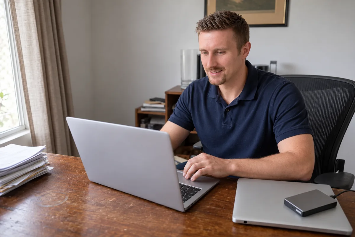 Illustration of Preston preparing a replacement laptop with an external backup drive.