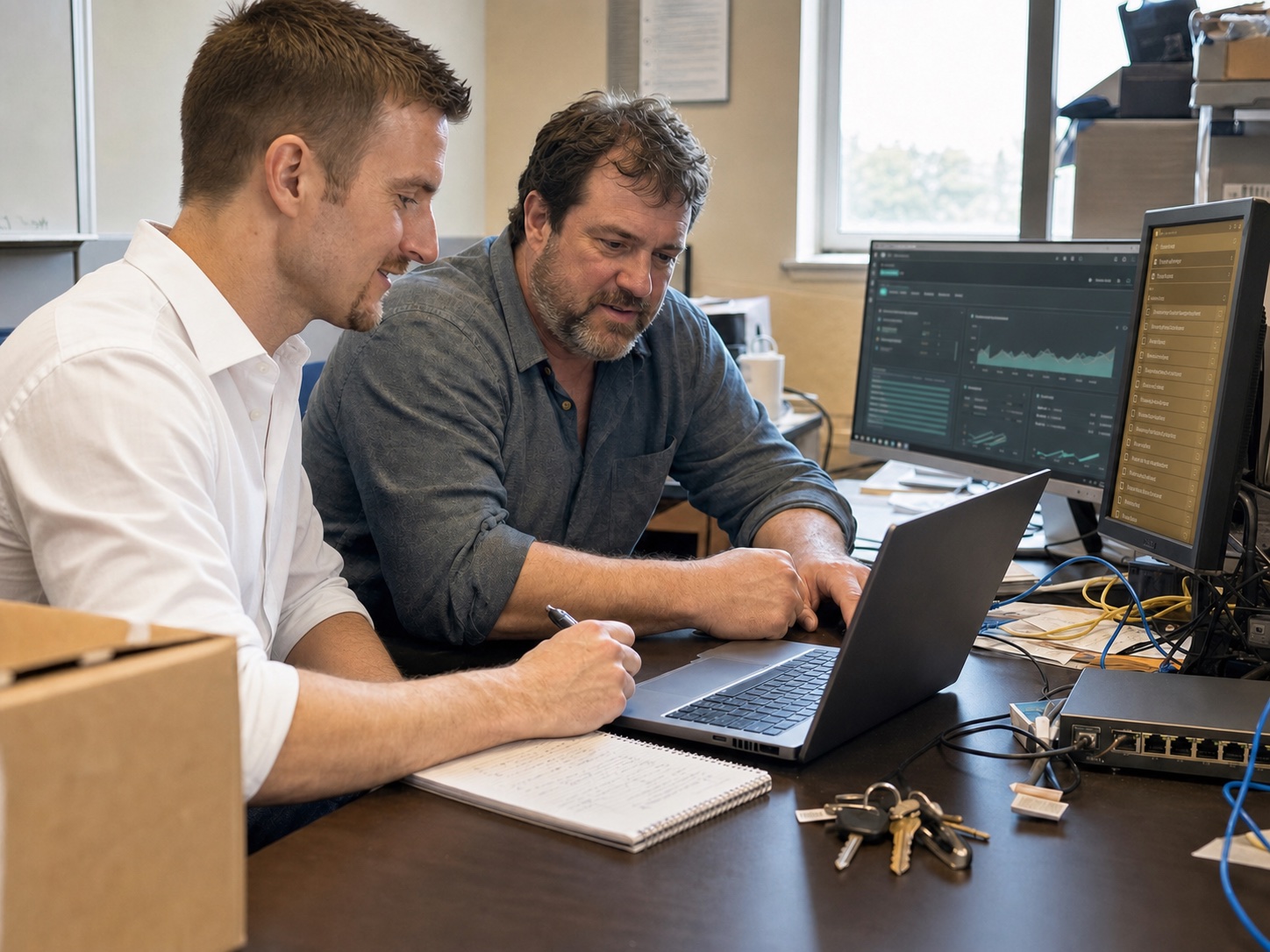 Preston Bessire reviewing connected office systems with a small-business owner