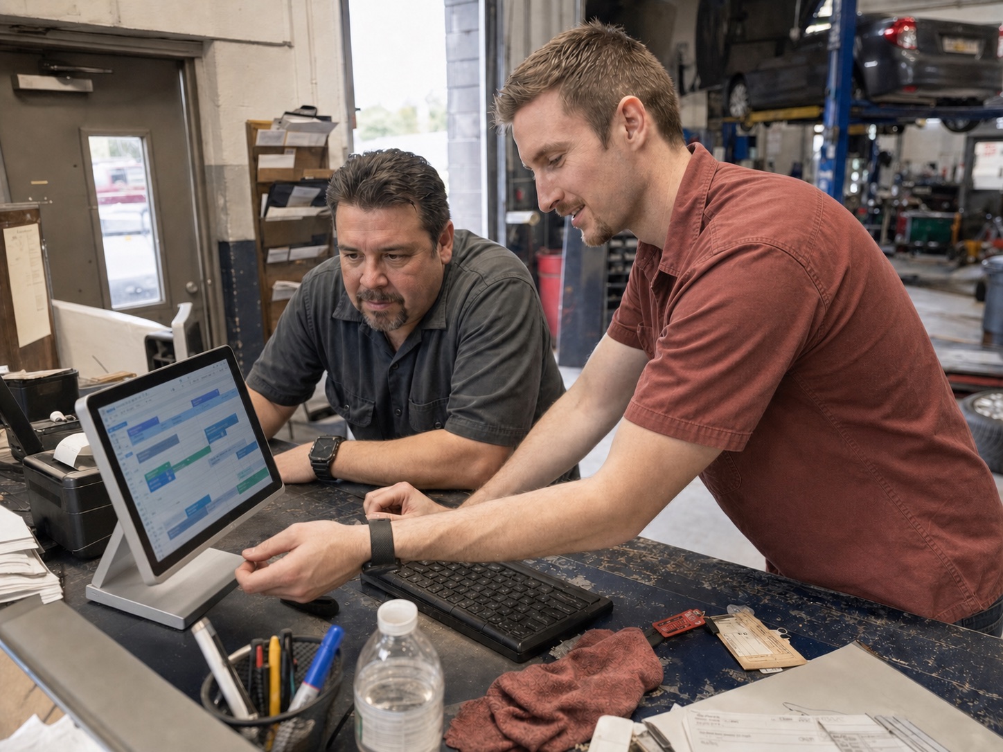 Preston Bessire helping an automotive repair shop owner at the shop computer
