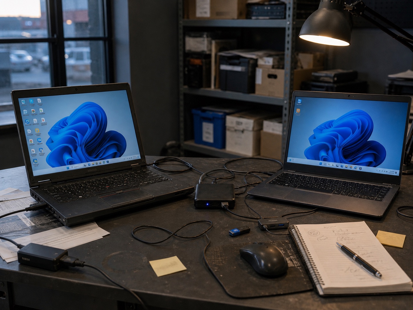 Two Windows 11 business laptops connected through transfer equipment on an active small-business workbench
