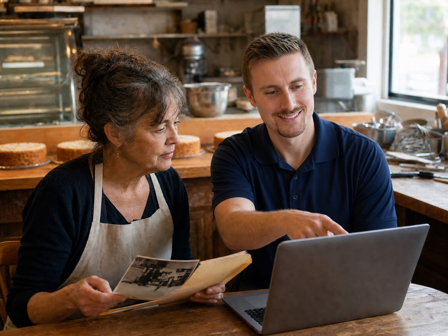 Bakery owner and IT consultant reviewing domain and hosting details together