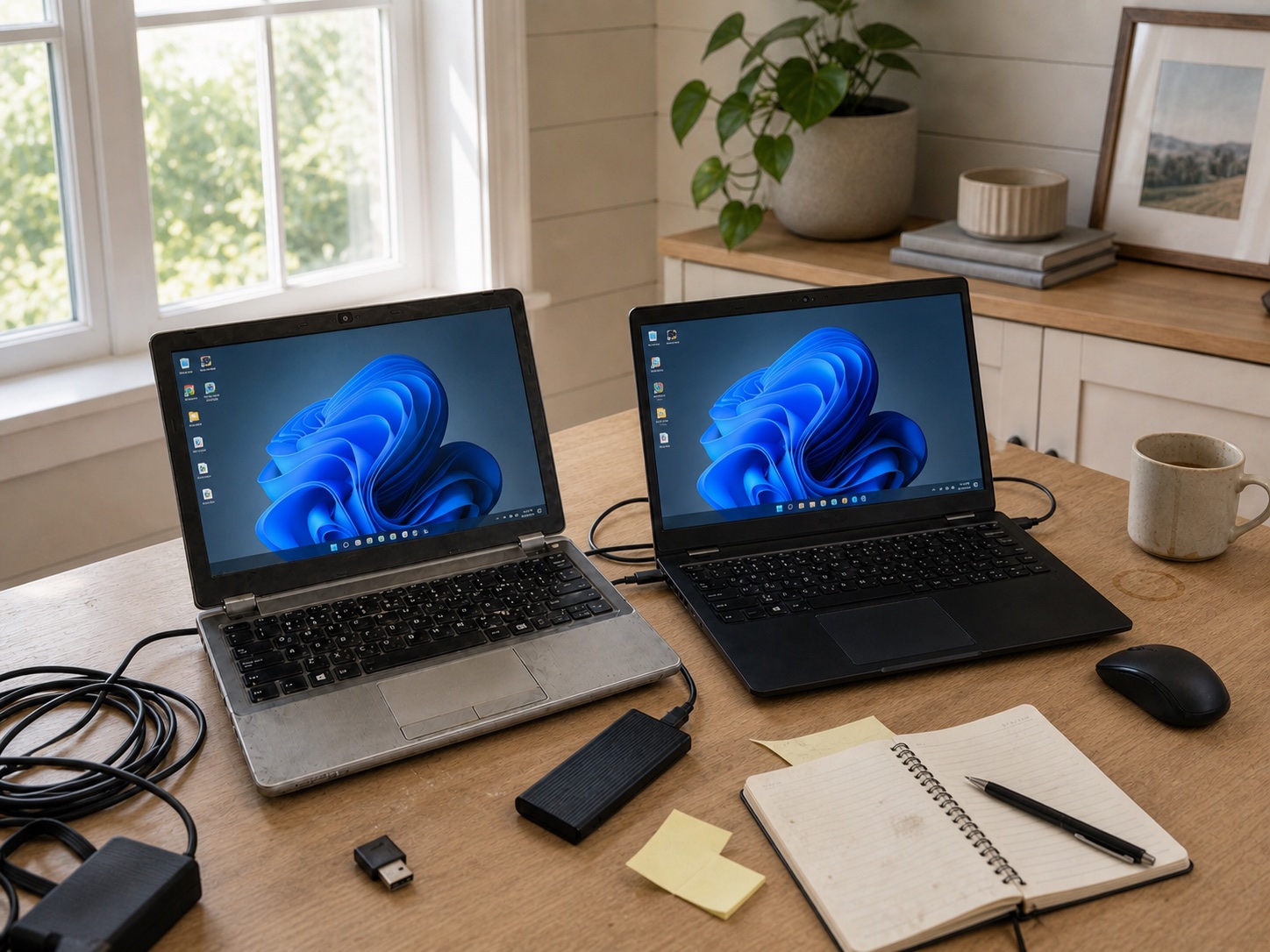 Older and replacement laptops showing Windows 11 desktops beside transfer equipment in a lived-in home workspace