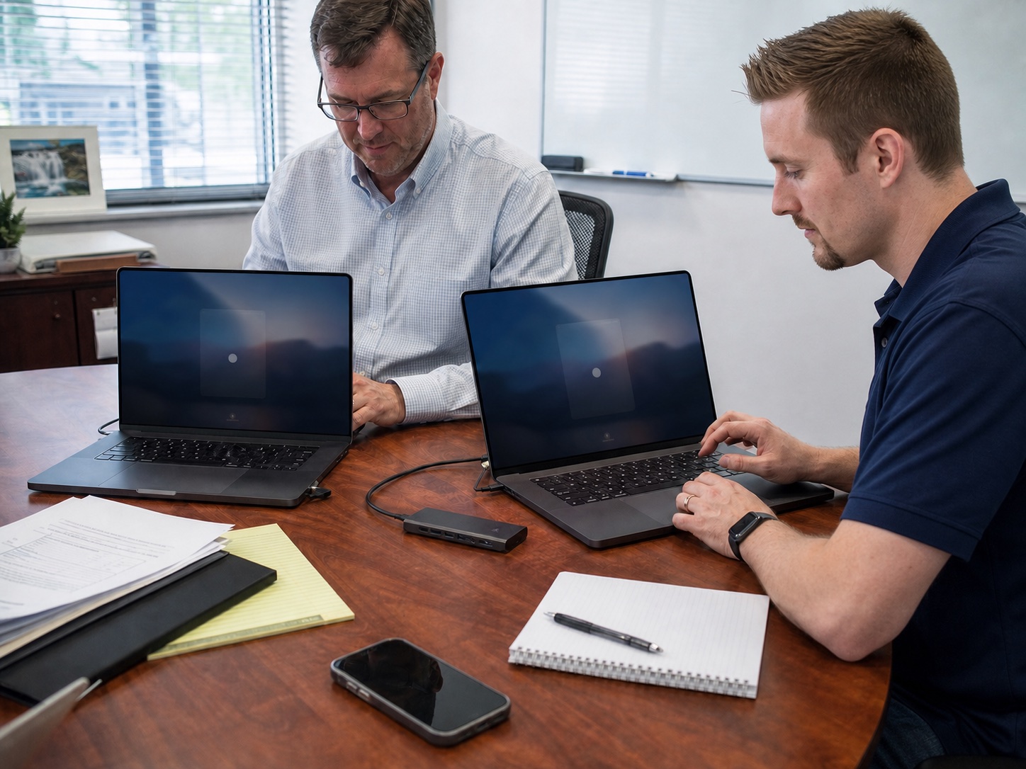 Two new professional laptops being configured together in a business office