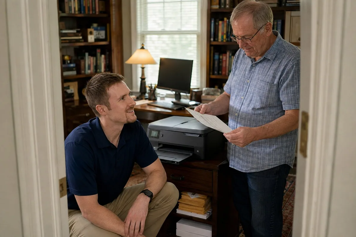 Preston checking a home printer while the homeowner reviews a printed page
