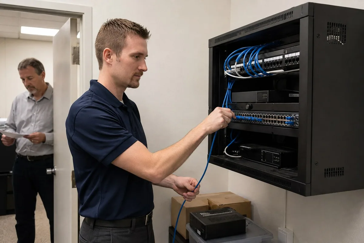 Preston connecting office network equipment while a manager checks an equipment list