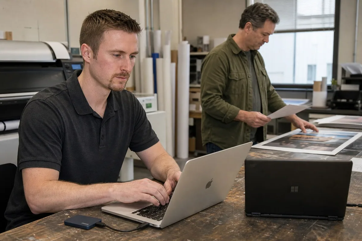 Preston working with Windows and Mac laptops in a print studio