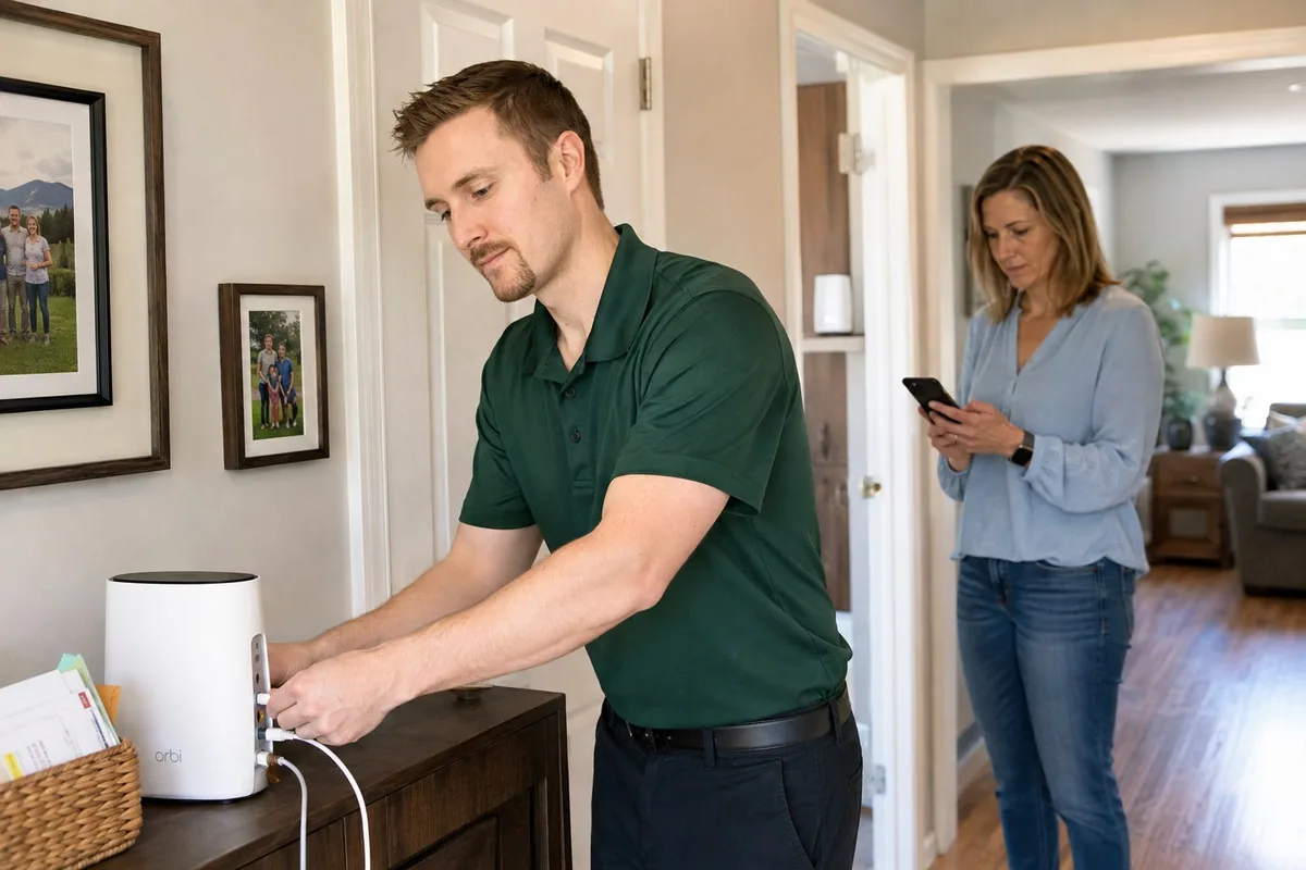 Preston connecting an Orbi router while a homeowner checks her phone