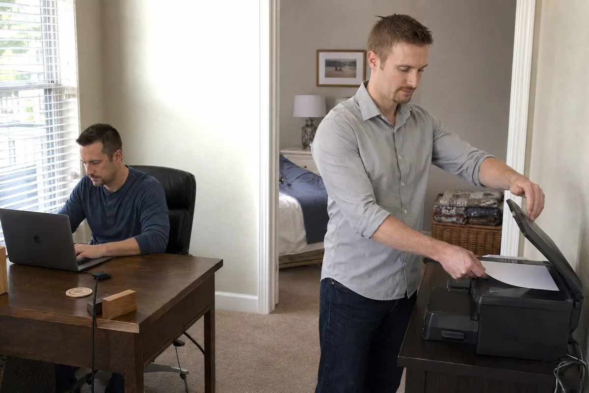 Preston placing a document on a home scanner while the homeowner works at a laptop