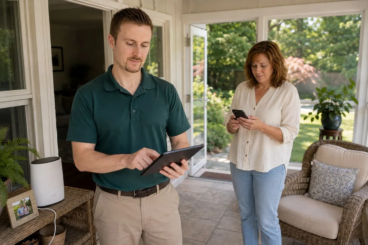 Preston and a homeowner checking wireless coverage in a sunroom with an Orbi satellite