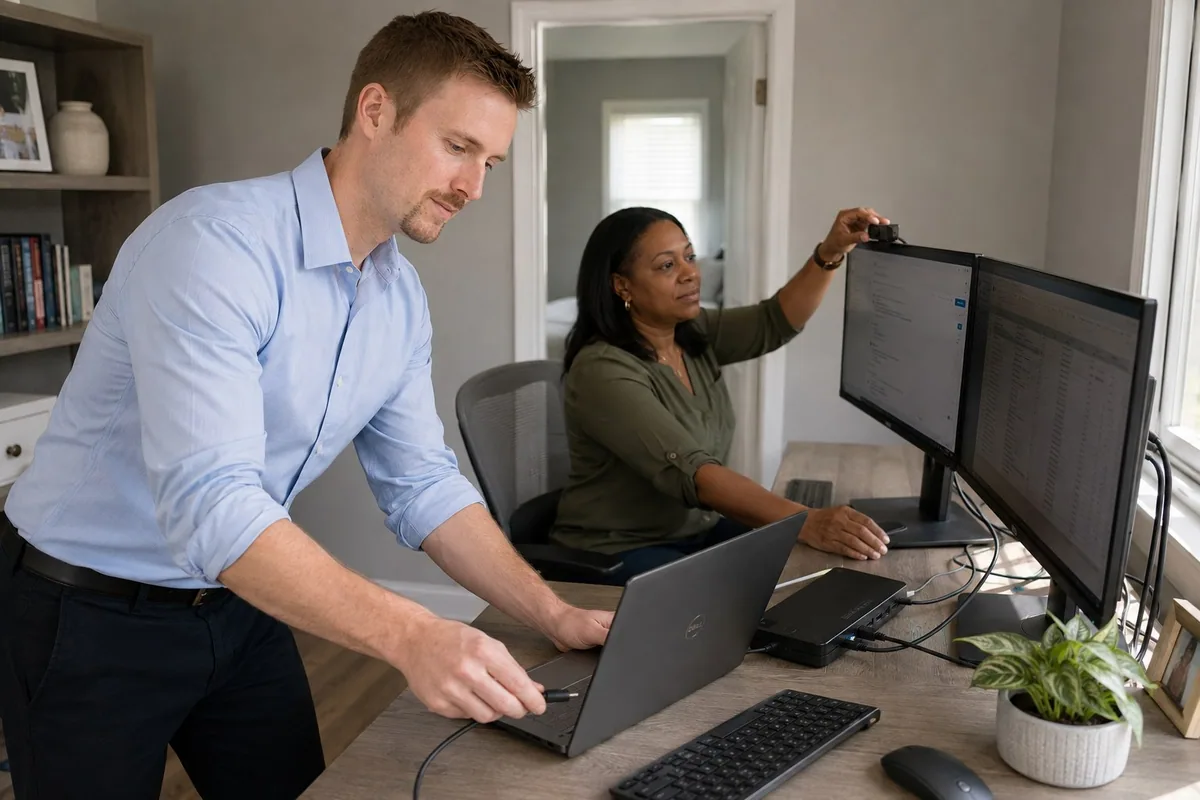 Preston connecting a laptop dock while a homeowner adjusts her webcam