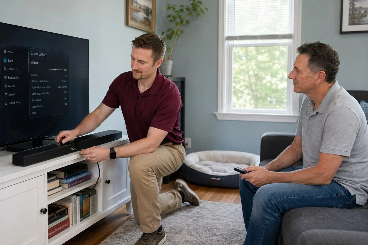 Testing television, soundbar, and streaming controls together.