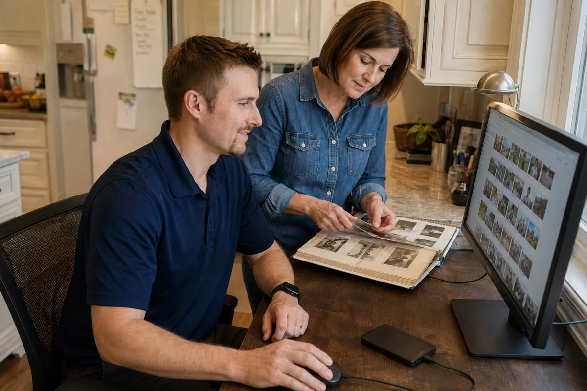 Preston organizing digital photos while a homeowner reviews a family album
