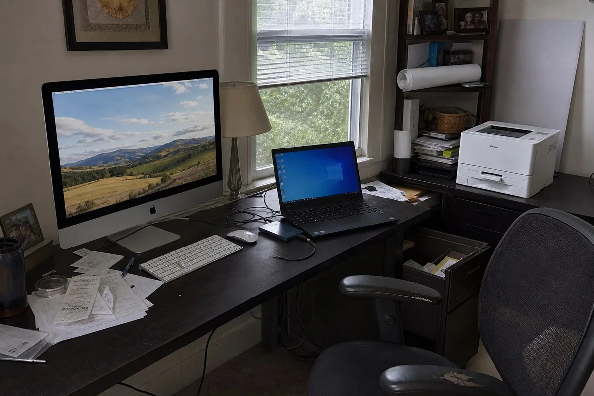 an iMac, ThinkPad, and color laser printer in a shared home office