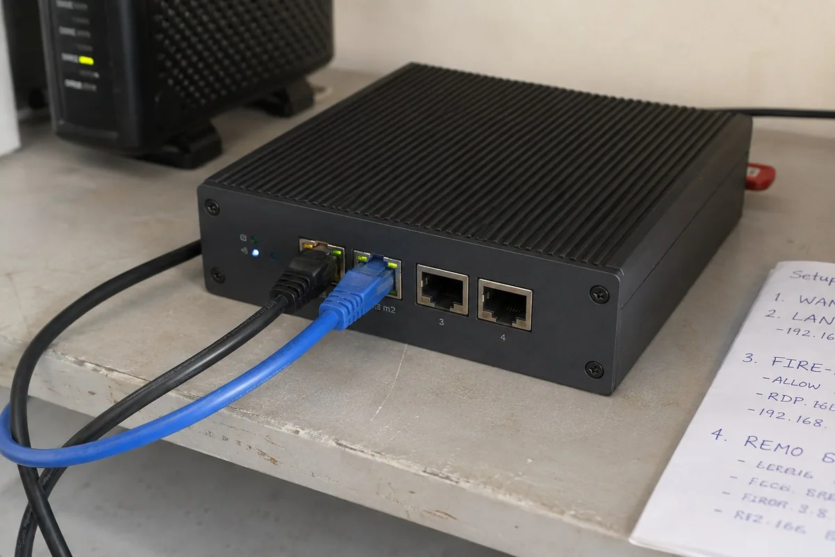 a compact firewall with Ethernet connections during an office security setup