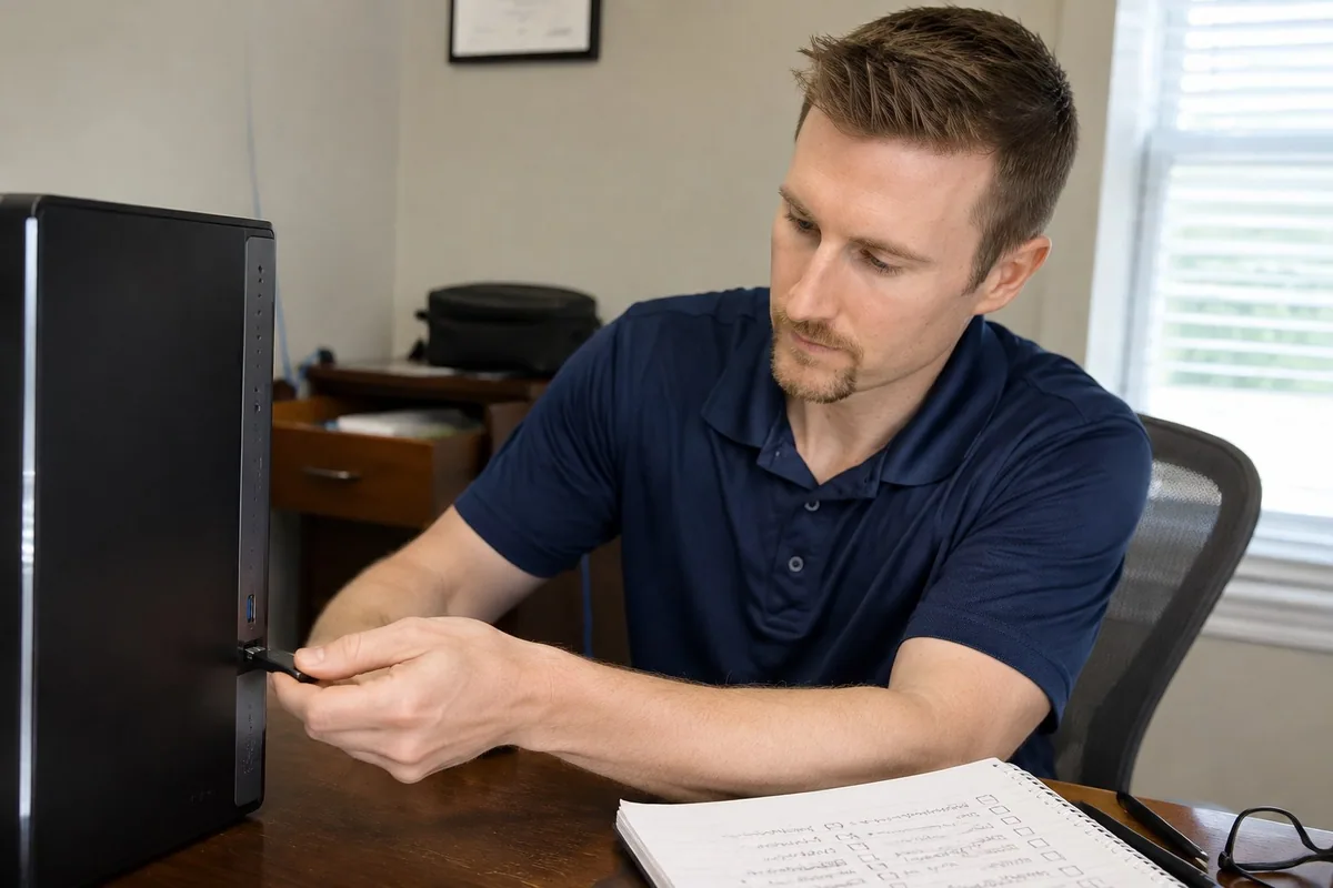 Checking a physical security key at the workstation.
