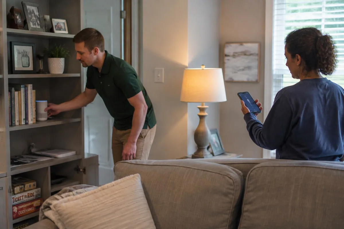 Checking smart-speaker and lighting controls in the home.