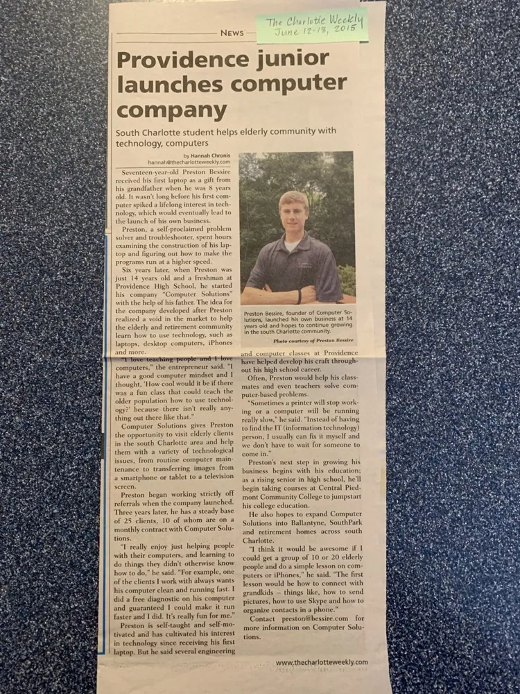Charlotte Weekly article featuring Preston