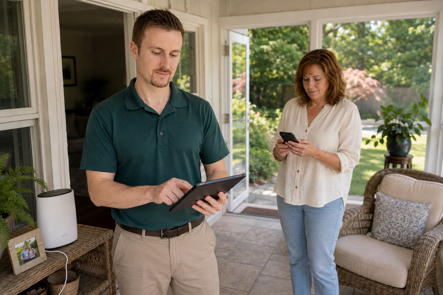 Preston and a homeowner checking wireless coverage in a sunroom with an Orbi satellite