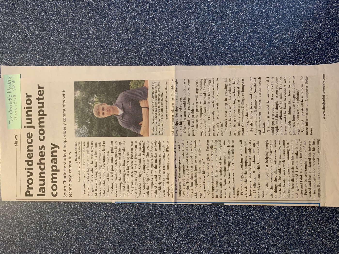 Charlotte Weekly article featuring Preston
