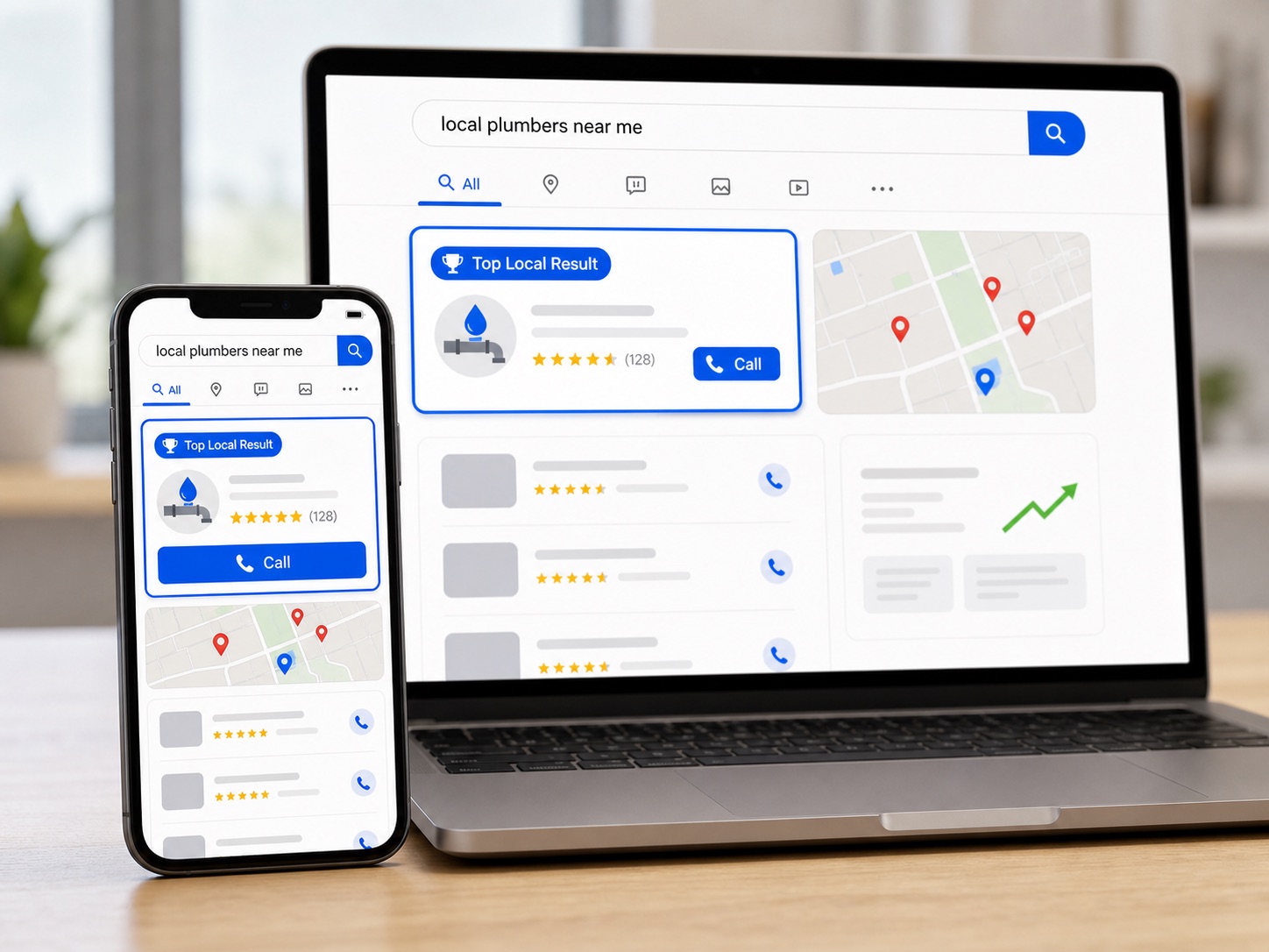 Local search results mockup showing reviews, a website link, service area details, and a call button