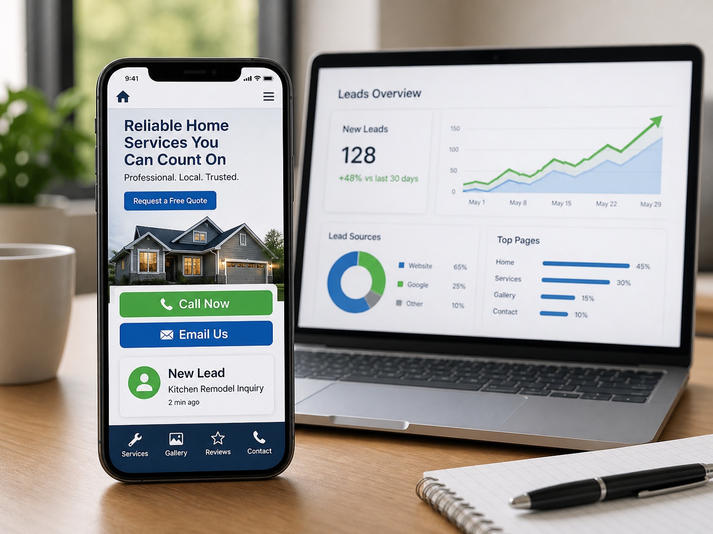 Mobile service website showing call, email, and quote buttons beside a leads dashboard