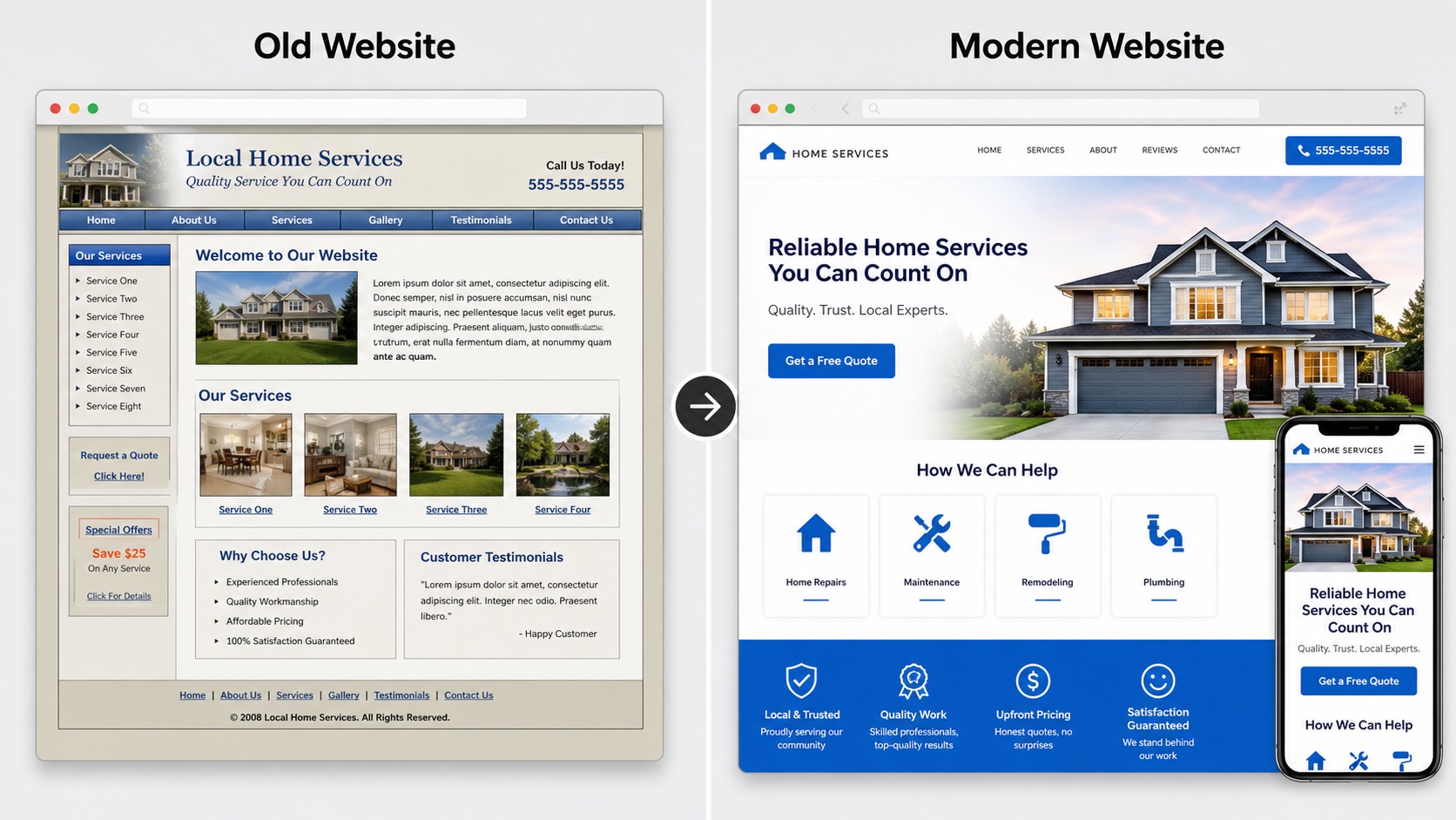 Before and after website redesign mockup comparing an older website with a modern local service business website