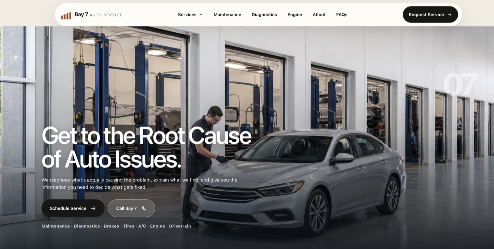 Bay 7 Auto Service homepage featuring an automotive repair shop and service request actions