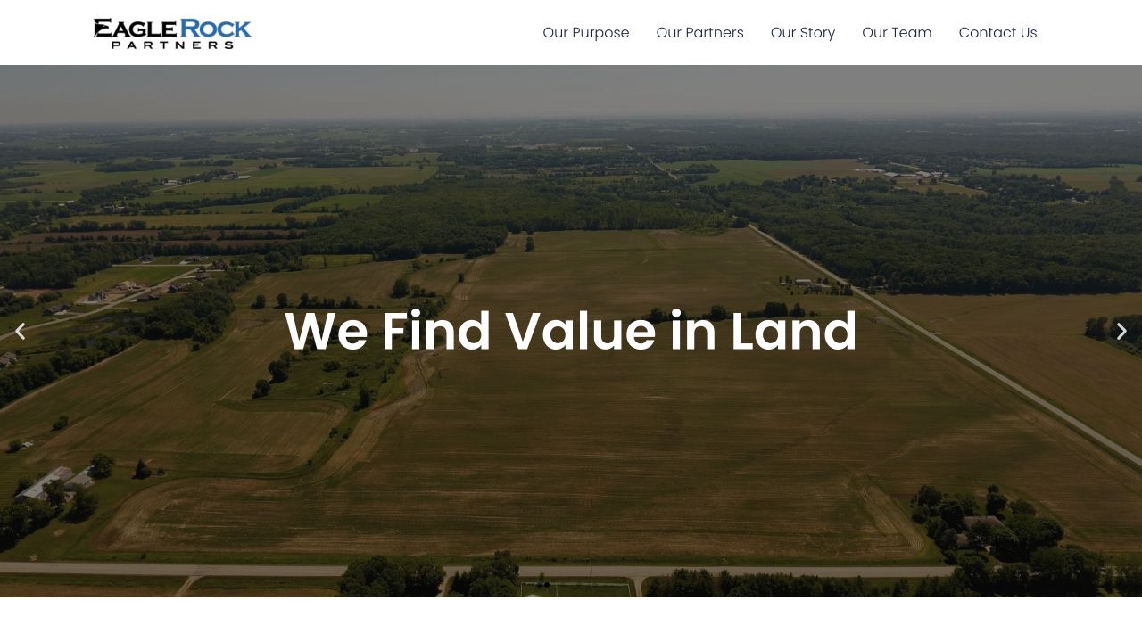 Eagle Rock Partners homepage featuring aerial land photography and company navigation