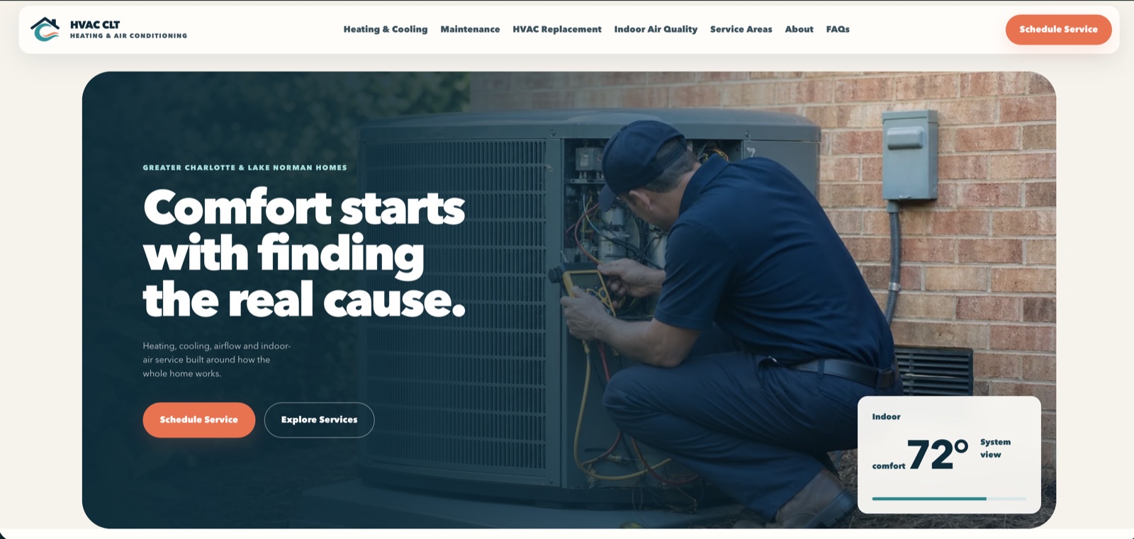 HVAC CLT homepage featuring heating, cooling, and indoor air quality services for Charlotte-area homes