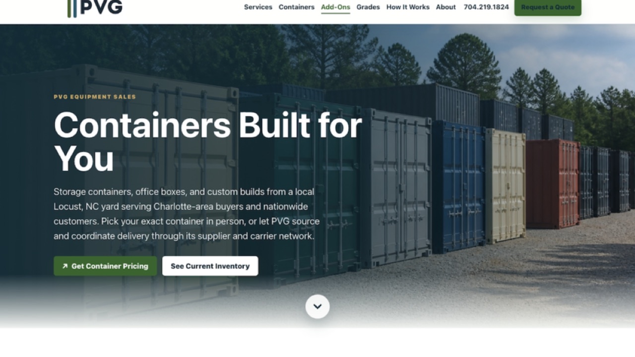 PVG Equipment Sales website featuring storage containers and quote actions